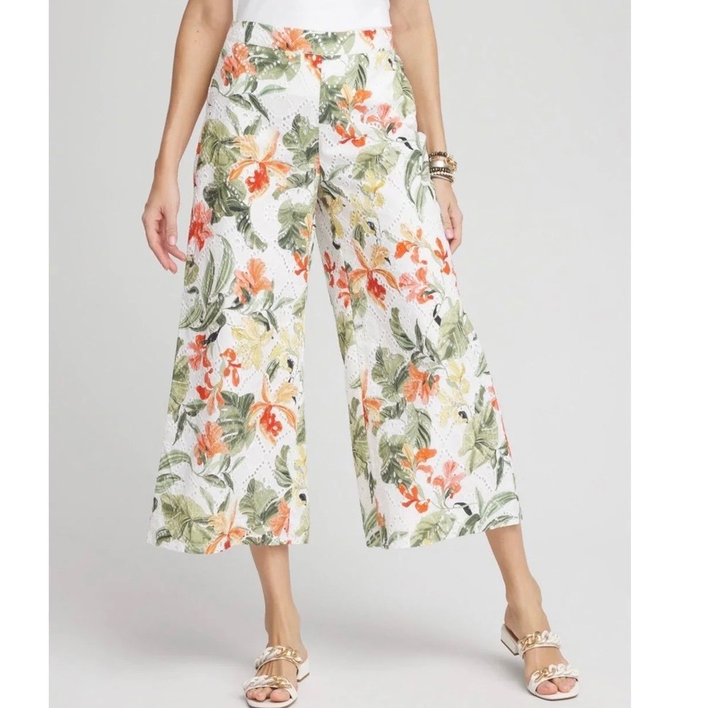 Chico's 1P Floral Eyelet Culotte Wide Leg Cropped Cotton Pants Women's 8 P